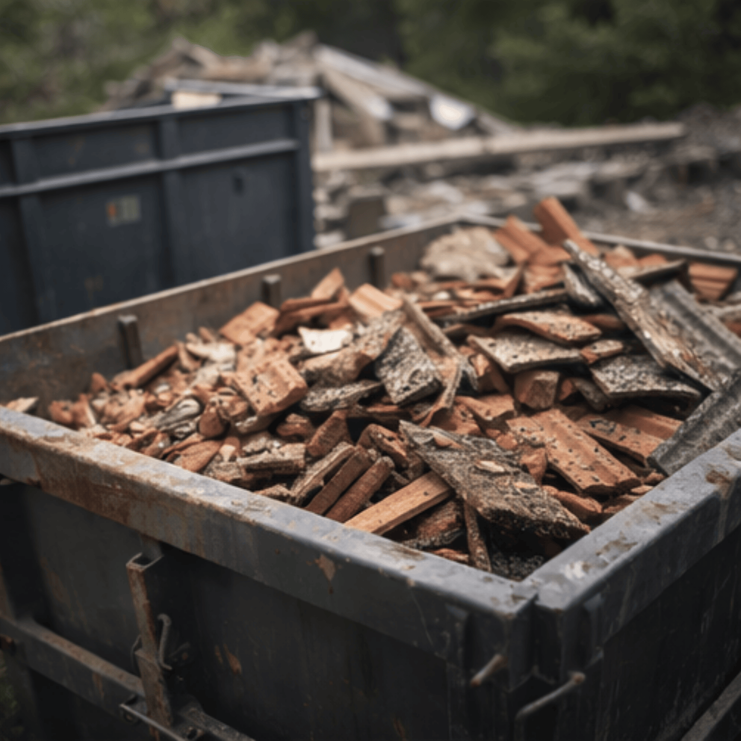 Affaldscontainer fyldt med tagsten og bygningsaffald