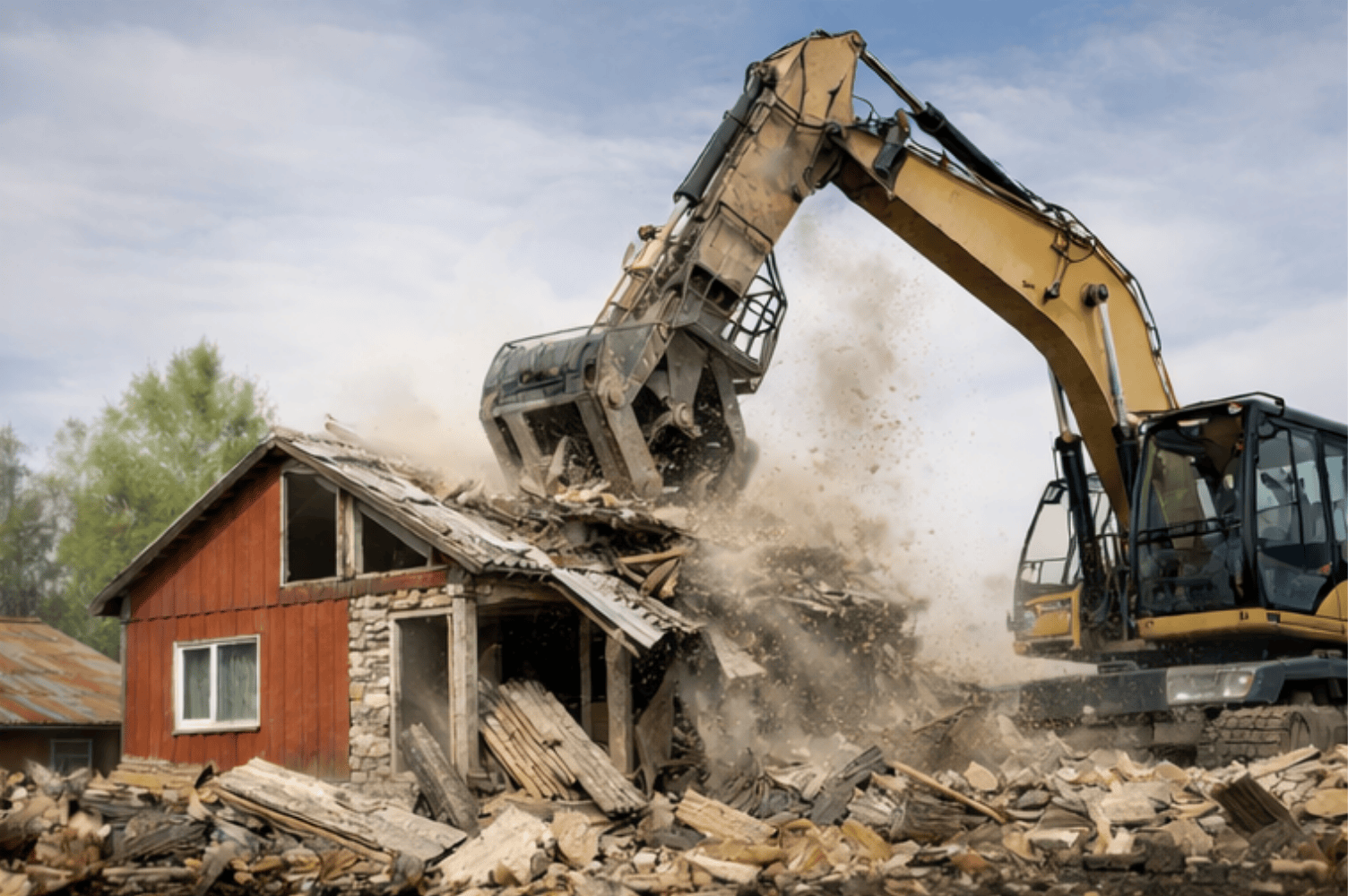 Gravemaskine river hus ned — nedrivning af asbesttag